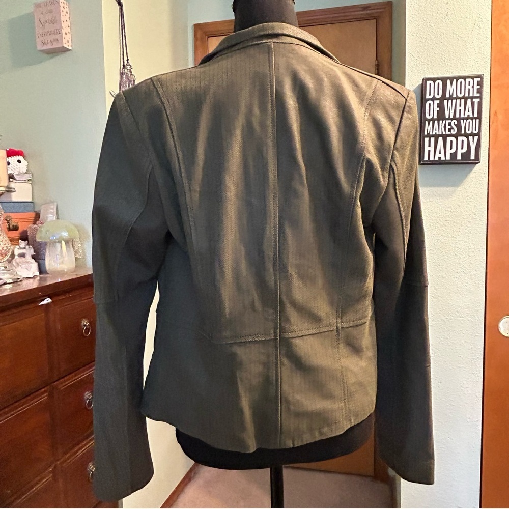 G.I.L.I open front drape cascading blazer jacket green leather size 12 fall - Picture 3 of 10